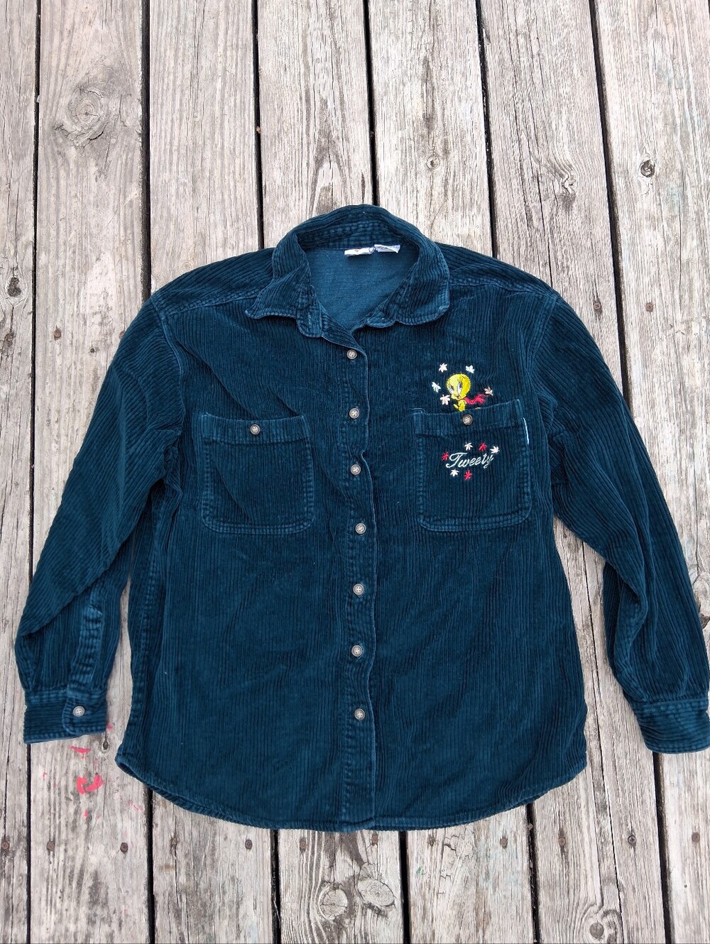 Vintage Looney Tunes Tweety Bird Embroidered Corduroy Button Up Shirt Women's M